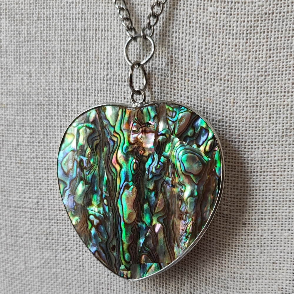Abalone Green Paua Shell Dual Sided Heart Necklace MOP Silver Tone Bracelet